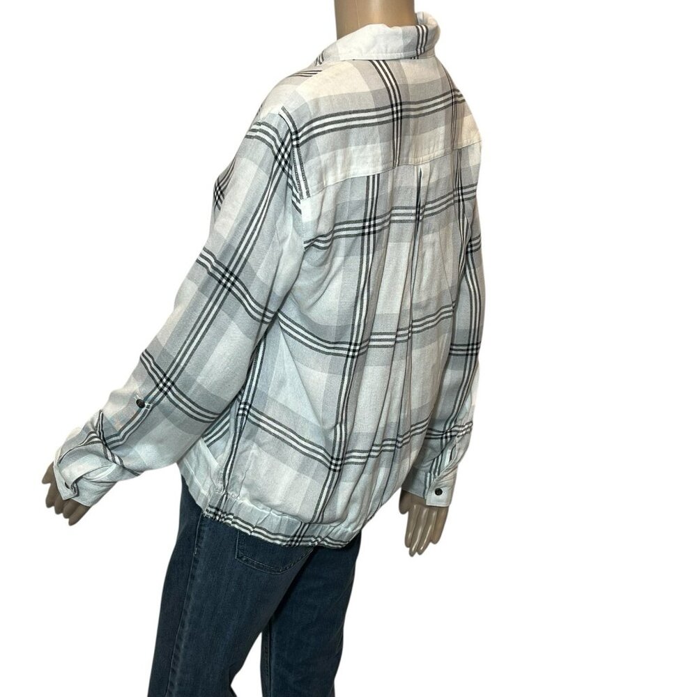 Pink Rose Vintage Women’s Top Plaid Button Front Medium Gray Blouse Long Sleeves - Picture 2 of 12
